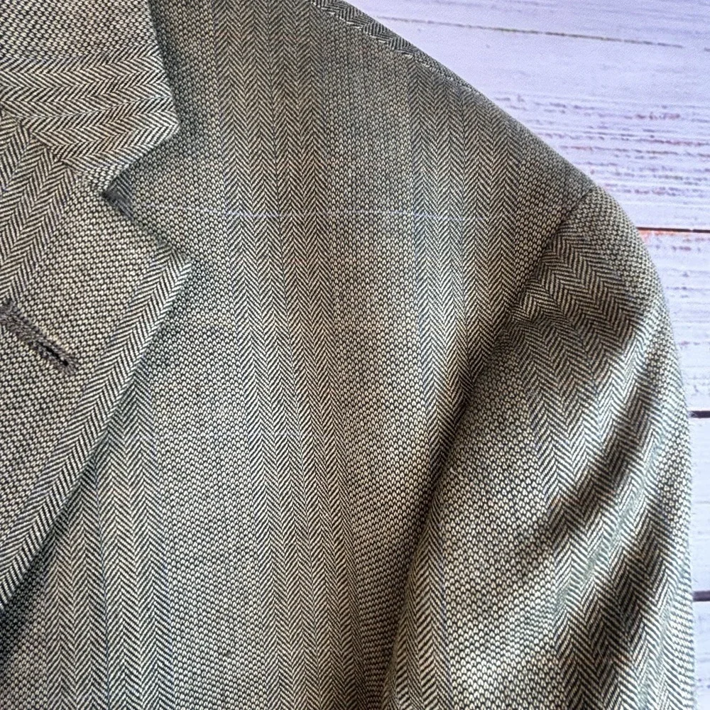Tommy Hilfiger Blazer 42L Silk/Wool Herringbone Glen Plaid Greenish Beige Jacket